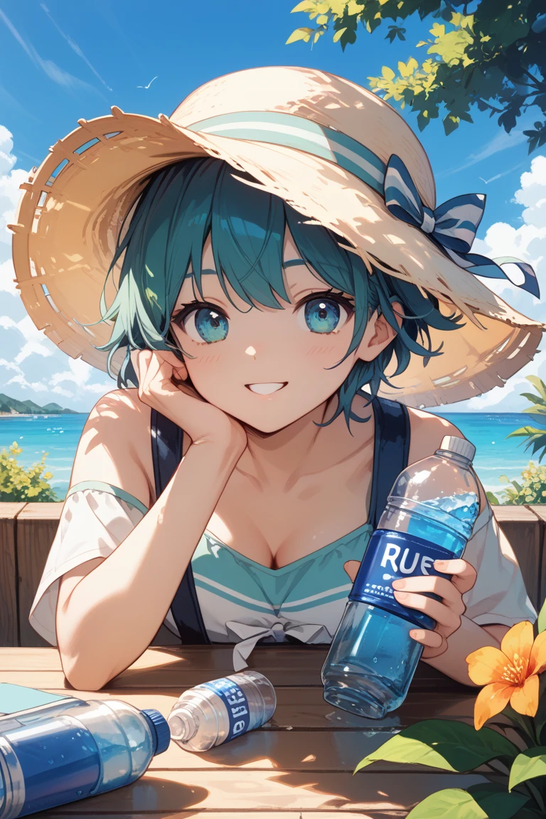 rezeroRem, Rem, blue eyes, Blue Hair, hair ornaments, Hair on one eye, Hair Ribbon, short hair, x hair ornaments,Straw hat,,happy smile, smile, Open your mouth,blush,Red T-shirt,Short sleeve,Bikini swimwear under clothes,barefoot,barefoot,walking,whole bodyがイラストに入るように,
break outdoors, Beach,Sandy Beach,
break looking at viewer, whole body,
break (masterpiece:1.2), Highest quality, High resolution, unity 8k wallpaper, (shape:0.8), (Beautiful attention to detail:1.6), extRemely detailed face, Perfect lighting, extRemely detailed CG, (Perfect hands, Perfect Anatomy),