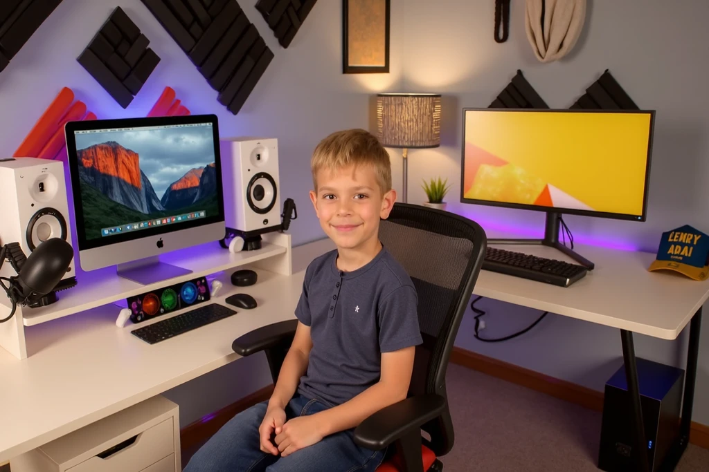 (fotorrealista, Altas:1.2), 10 year old child playing game on tablet, dedos detalhados, Blue sofa, casa simples, Various gaming posters in the background, brunette child, happy expression