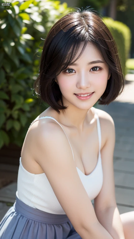 (sit)、(highest quality:1.5)、(Real:1.5)、(1 person:1.5)、(Very detailed)、(High resolution)、8k、(Wear a one-piece dress with lace)、(Small breasts)、 Natural color lip、Cute smile、20 year old girl、(beautiful and delicate face)、(Perfect and beautiful face)、(Big Eyes)、(beautiful and delicate face)、(Beautiful and balanced eyes)、Perfect and beautiful double eyelids、Perfect and beautiful face、Arched eyebrows、Thin eyebrows、Small face、(Slim figure)、Beautiful and thin nose、Beautiful Skin、(ミディアムBob Hair)、Bob Hair、Natural Bangs、Fair skin、Front lighting 、(Lighting the face)、Deep blue eyes、Narrow waistline、(lavenderいっぱいの公園)、(Slim legs)、lavender、Cleavage、ベンチにsit、From below、Slim thighs、