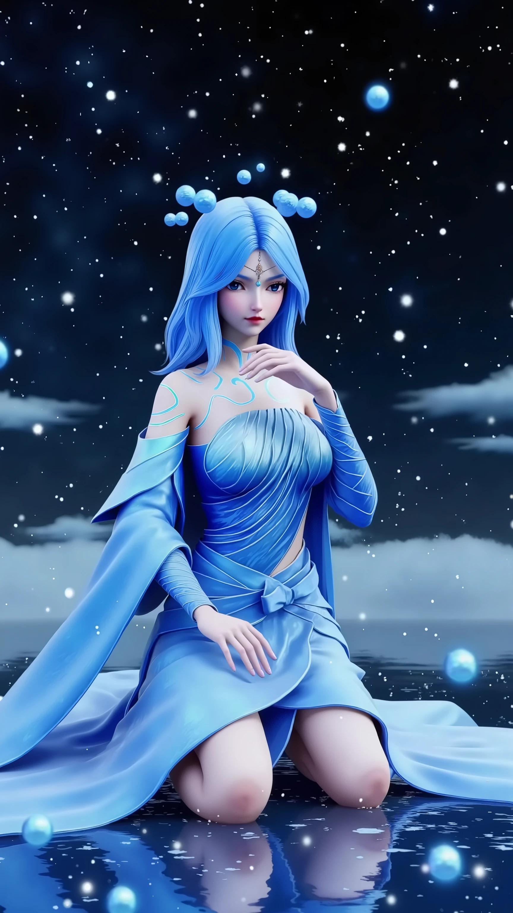 Beautiful goddess with blue skin and cobalt blue hair, tone, full body, looking at the viewer, symmetrical, slight smile, spiritual awakening, intricate details, cosmic, ethereal, mystical, complicated environment, brushstrokes, illuminating lights, masterpiece, ultra high resolution, high quality.