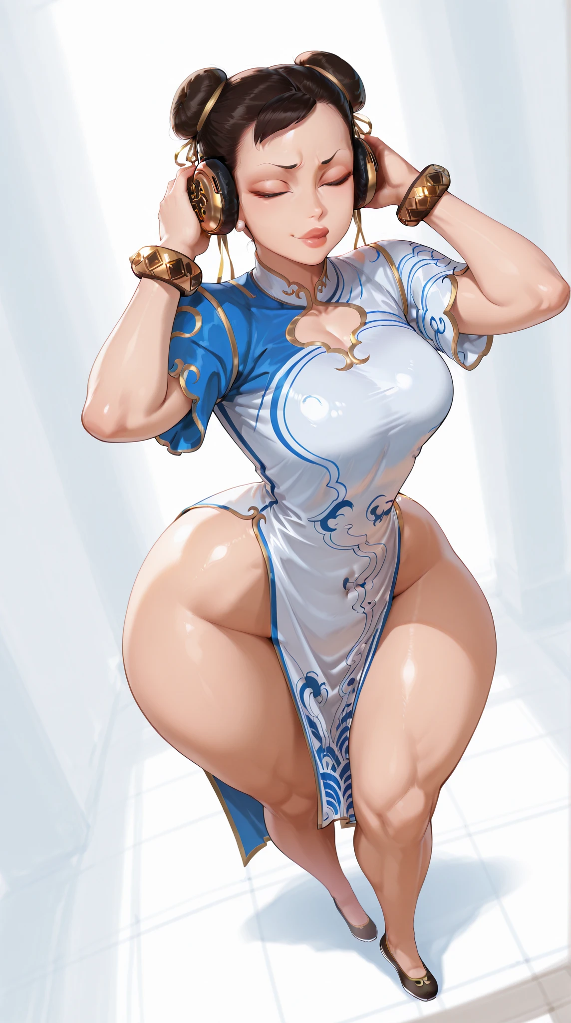 (Best Quality, Masterpiece, Photo realistic, Ultra Detailed, ultra high res, raw:1.3), (1woman, beautiful, famous Japanese actress), double eyelids, bangs, smile, detailed face, detailed eyes, (china dress:1.3), (from behind), (butt crack:1.3), (bare hips, bare back:1.3), looking_at_viewer, bathroom