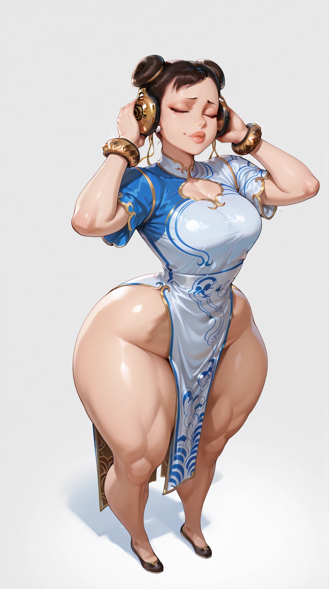 masterpiece, beautiful woman supermodel ,perfect lighting , <lora:b1mb0_v3:0.3> ,b1mb0, <lora:th3p1t_v3:0.4> ,th3p1t, full body,wide shot,standing,simple background, <lora:chun liV1:1>, chun li,((brown eyes)), short hair, brown hair, double bun, bun cover, blue dress, pelvic curtain, spiked bracelet, sash, brown pantyhose,bad hands