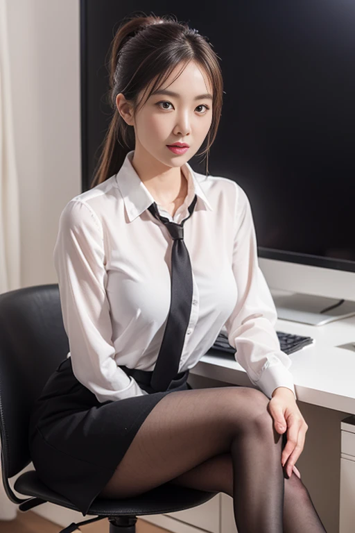 Classy upper class elite secretary in luxury silk blouse, Skirt and thighs、27 years old、height 162cm、Sitting on a chair in the office、Office uniform, (Glossy Pantyhose,Realistic pantyhose)、Working in the office、Wearing an ultra-thin satin blouse, Wear high-quality high heels、 Girl in blouse, Wearing an elegant blouse, When you wear a very thin blouse, Businessman, Blouse and skirt, Wearing a silk blouse, Wear a shirt and skirt, RAW Photos, (8K、Highest quality、masterpiece:1.2)、(Intricate details:1.4)、(Photorealistic:1.4)、Octane Rendering、Complex 3D rendering with ultra-detail, Soft studio light, Rim Light, Vivid details, Super Detail, Realistic skin textures, Face in detail, Beautiful details in the eyes, Highly detailed CG Unity 16k wallpaper, compensate, (Detailed Background:1.2), Exposed thighs!!!Erotic~!!!!