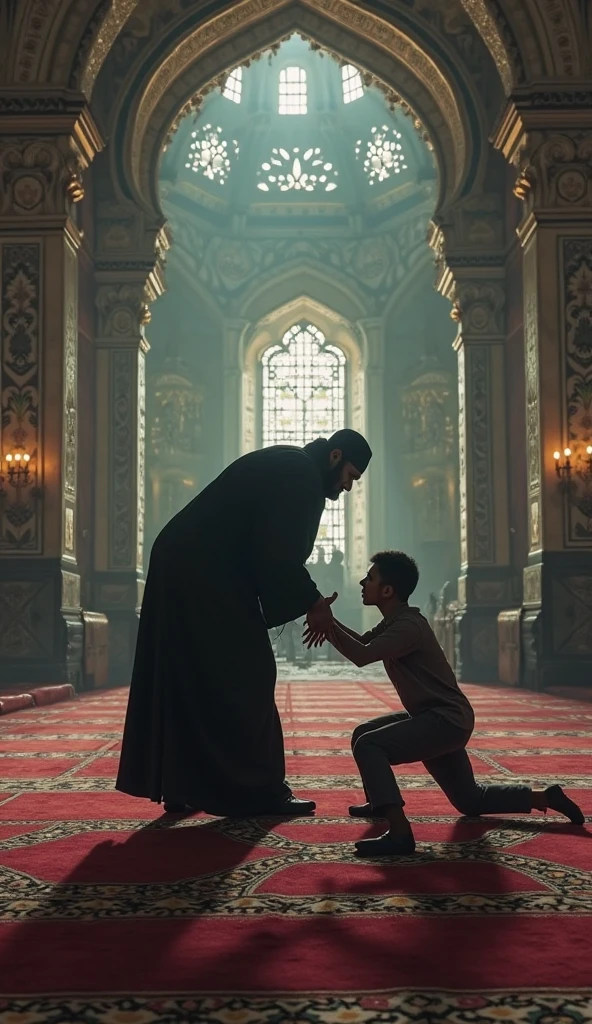Arab, Boy squatting, religious ritual, man kissing boy's anus, sheikh reading book, religious place