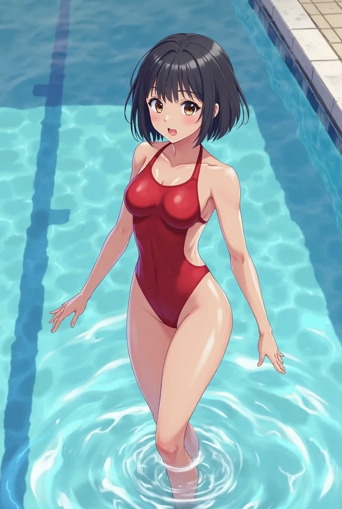 Browsing Caution),(High resolution),(High resolution),(High resolution),(8k),Ranma、1 person、white sheer thigh-highs & One red piece swimsuit、In the pool