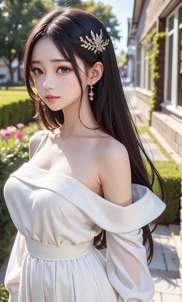 ((Straight bangs、Princess Bang)),((Very heavy、Voluminous bangs:1.1)),((very long、Very heavy、Very voluminous side locks:1.1)), Hime cut、Straight bangs hairstyle、Round face and ugly bangs、Long hair with ugly bangs、The bangs are cut straight、(masterpiece、highest quality:1. 5), (Ultra-fine 8K CG:1.4), (hyperRealistic:1.25), (PhotoRealistic:1.25), (Realistic:1.4), (View Top:1.35), (From the front 1.4), (smile1.3)、 1 japanese beautiful girl, 19 years old, Supermodel, Japanese Idols, (smile)、 (Translucent off-shoulder white dress :1.1), (:1.4), ,( Girl standing on balcony of old castle:1.4),