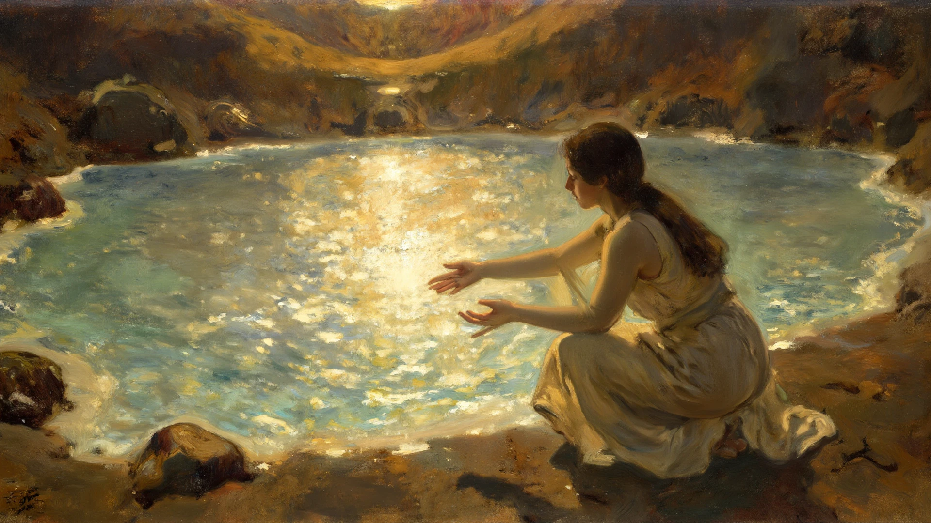 naked, A serene scene of Aphrodite kneeling gracefully on a rocky shoreline, her flowing hair cascading over her shoulders, surrounded by soft waves lapping at the water's edge. The oil painting captures the warm glow of a sunset, with rich hues of orange and purple reflecting on the water. Delicate flowers bloom around her, and a gentle breeze swirls through the air, creating a sense of tranquility. The style evokes the romanticism of the 19th century, reminiscent of artists like John William Waterhouse, with detailed brushwork emphasizing her ethereal beauty and the surrounding natural elements.