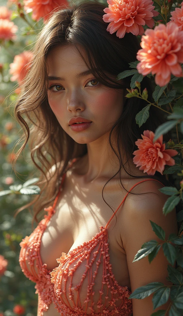 A sultry and seductive woman lounging under a canopy of vibrant flowers, exuding confidence and allure. Sensual, alluring, warm lighting, soft focus, vibrant colors.
