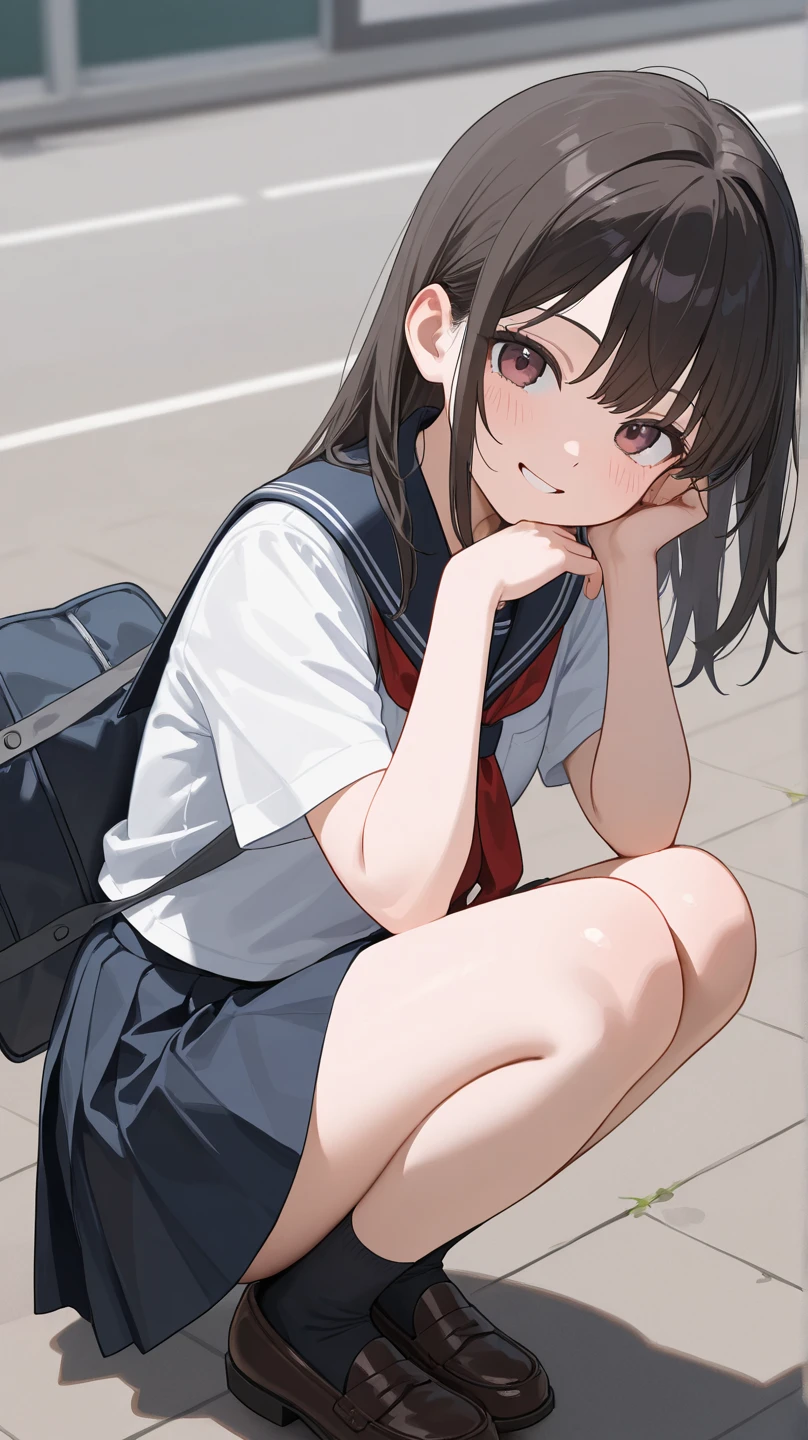 1girl in、A smile、The shirt、skirt by the、(small tits)Chilarism、Japan High School Student Uniform、serafuku、summer clothing、Squall Drenched Uniform、(Sheer Bra)、Upper body portrait、Squatting panchira、