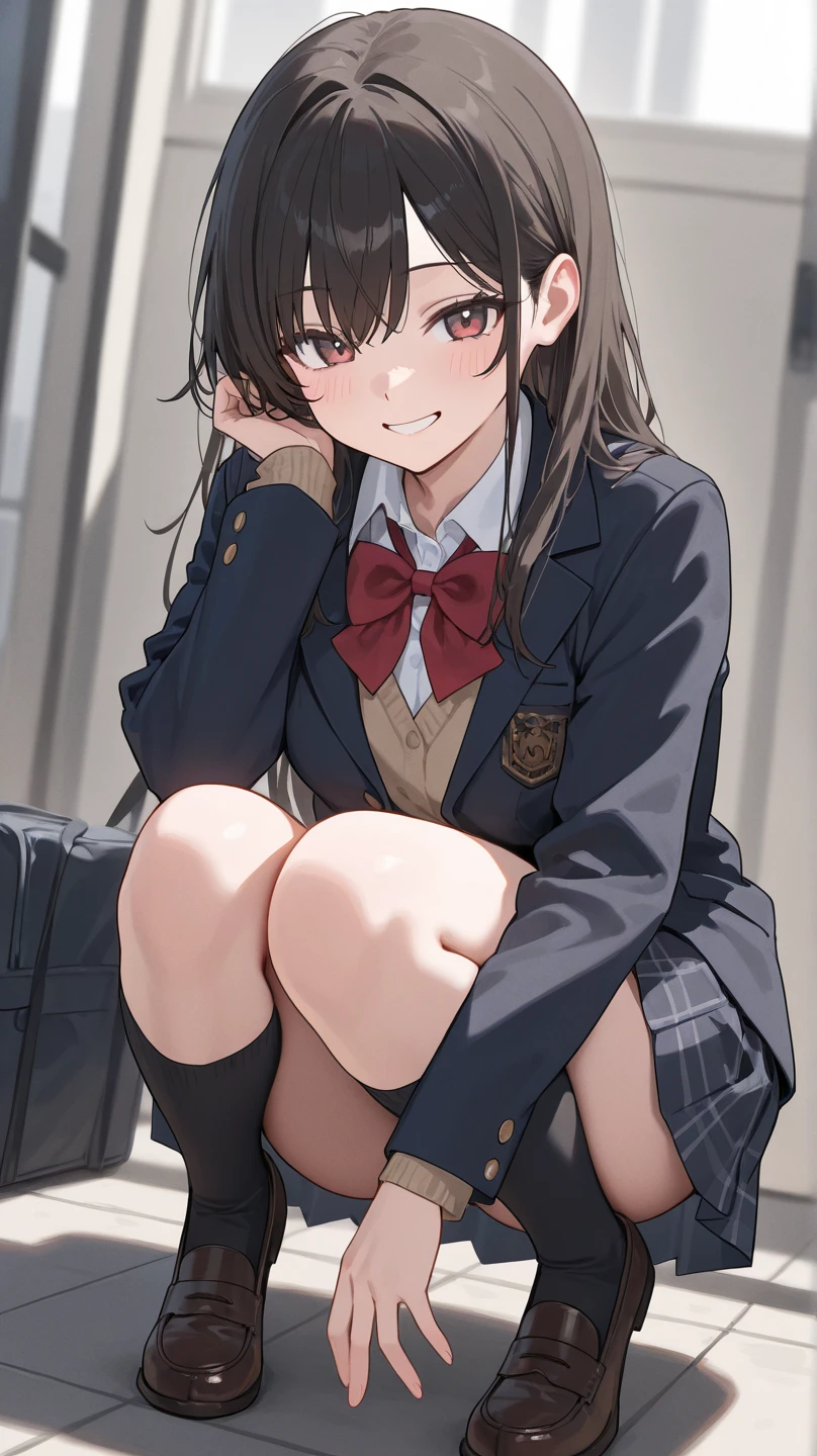 Top quality, masterpiece, High resolution, (Head to toe full body), front, frontやや下からの構図, Symmetric, Tall 18 year old girl, alone, (Head to toe), (Small breasts), Unkempt brown hair, bangs, (black tights), (Black Pantyhose), (Sit with your legs apart), (Crouching pose), (A composition showing white panties), (Her legs were spread、I see your white pants.), (I was made to sit on the floor with my legs spread..), (M-shaped legs), Thin legs, A very beautiful and tall 18 year old girl, (No shoes), blush, Shy big eyes, looking at the camera, Blazer Uniform, Checkered Pleated Skirt、Megumi Kato