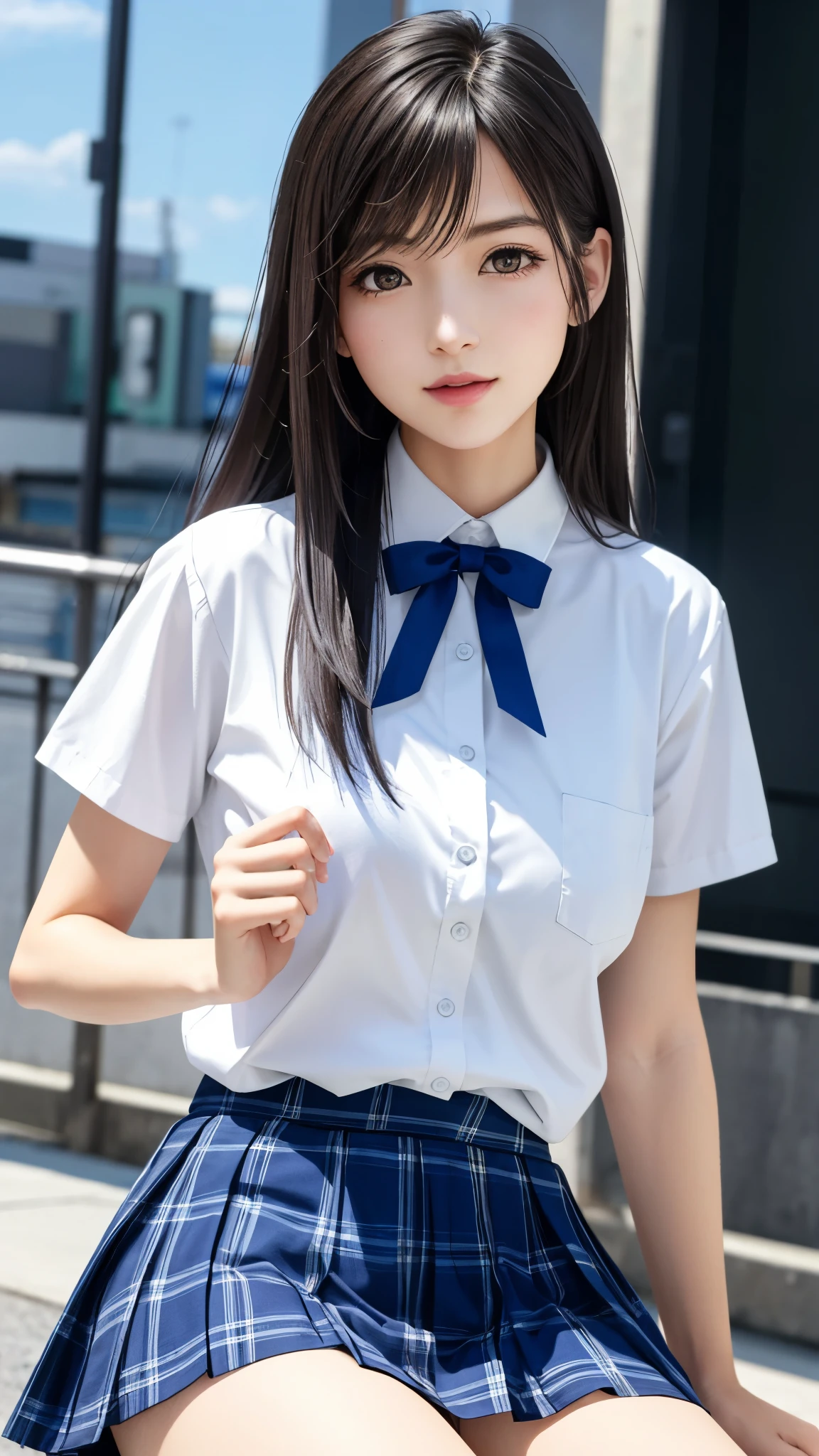 ((stage))、Naughty smile、(Realistic、Realistic:1.37)、(masterpiece)、(Highest quality:1.4)、(超A high resolution:1.2)、(RAW Photos:1.2)、(Sharp focus:1.3)、(stand:1.2)、elegant、(Whole Body Ezbian:1.2)、(A girl wearing an elaborate collared shirt and pleated skirt:1.3)、Very cute Japanese girl、(A faint smile:1.3)、(Makes hair shine:1.3)、 Brown haired、Short pleated skirt、stageの下から撮影、Beautiful and delicate eyes、 View your viewers、stageの最下段から見上げるアングルで撮影、Secretly photographing underwear under a skirt、White panties:1.8
