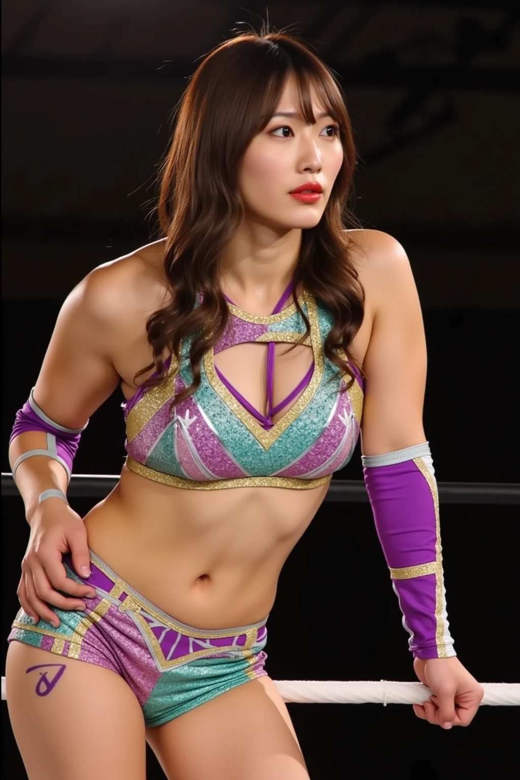Cute girl with perfect body: 1.4,same outfit,14years,(Lori,lacy fabric,onepiece swimsuit, Very small breasts), Stand in the ring of professional wrestling,extremely detailed face and skin, Detailed eyes, Double eyelids,knee high socks,Lori,Lace gloves,straight haired,shairband,Nogizaka46,Idol,fight in professional wrestling