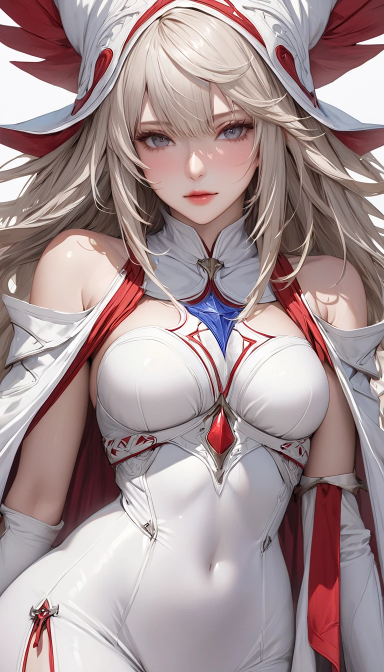 ((highest quality)), ((masterpiece)), ((hyperrealistic)), (detailed background), anime style, solo, 1girl, ((langrisser)), ((curvy: 1.2)), kawaii, ((Lamé rash guard leotard)), ((knight dress)), white long hair, ahoge, forehead, parted bangs, (long coat), ((Huge breasts)), ((breastplate)), (zettai ryouiki black knee socks), ((gauntlet)), (big butt), (thighs), (groin), beautiful eyes, perfect face, Perfect hands, perfect fingers, Blue sky and grassland,