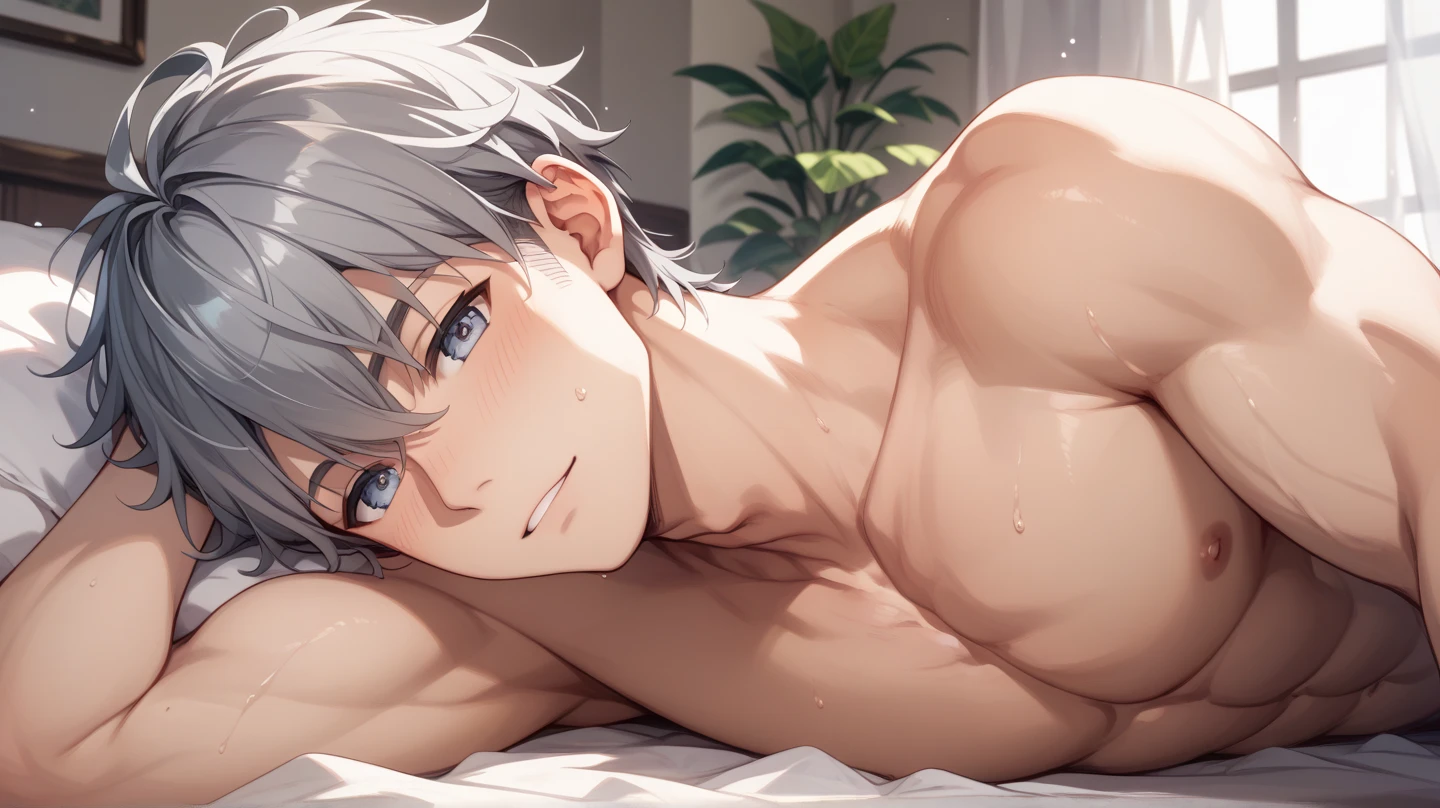 masterpiece, best quality, high quality, 1boy, solo, male focus, looking at viewer, showing his muscle, showing knees, on bed, shirtless, shirt off, asta, green eyes, headband, grey hair, spiked hair, medium body, armpit, show his armpit, realistic, lying on bed