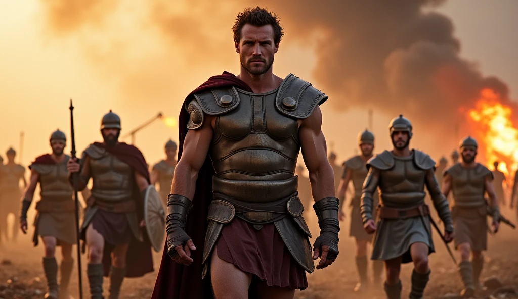 "A hyper-realistic depiction of King Leonidas of Sparta standing defiantly at the Pass of Thermopylae, surrounded by his 300 Spartans in battle-ready formation. The backdrop features rugged mountains and a narrow pass, with a massive Persian army in the distance."