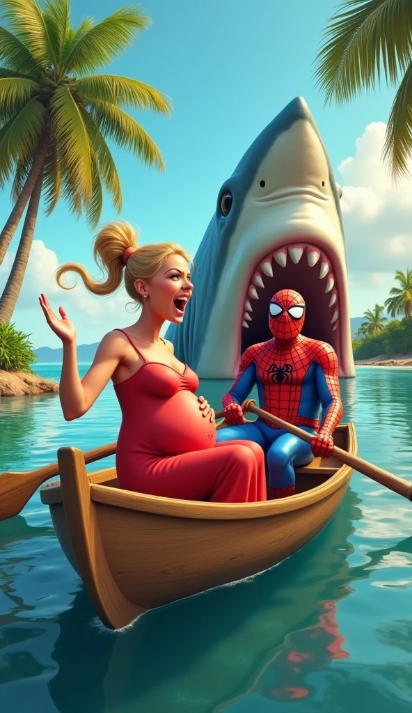 a muscular anthropomorphic frog,a voluptuous ((cat-like woman)),holding hands,walking on a beach,green textured skin,red swim trunks,pink polka dot bikini,long blonde hair,exaggerated features,calm ocean,gentle waves,sandy shoreline,humorous surreal,whimsical,photorealistic,hyperdetailed,dramatic lighting,vibrant colors,unreal elements