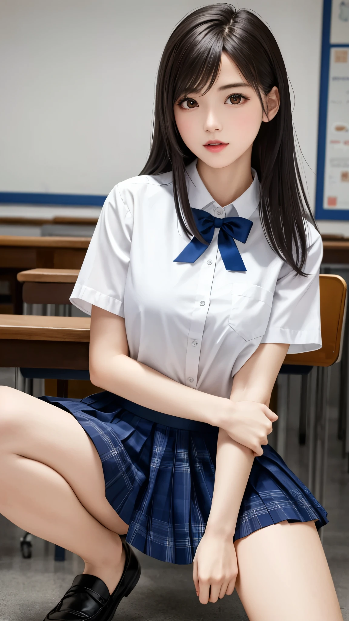 masterpiece, top-quality, 8K, Official art, Raw foto, Incredibly ridiculous, beautiful a girl, cute face, (sitting on, 校服, thighs thighs thighs thighs:1.2), white shirt, looking at the viewers, Teen, Classroom, A hyper-realistic, hight resolution, a picture, navy pleats skirt, film grains, chromatic abberation, foco nítido, face lights, Dynamic lighting, Cinematographic lighting, highestdetailed, Extreme details, ultra-detailliert, detaile, extremely detailed eye and face, tie((Open your legs to show your panties))、((Colossal tits))、Chest that seems to burst、校服、