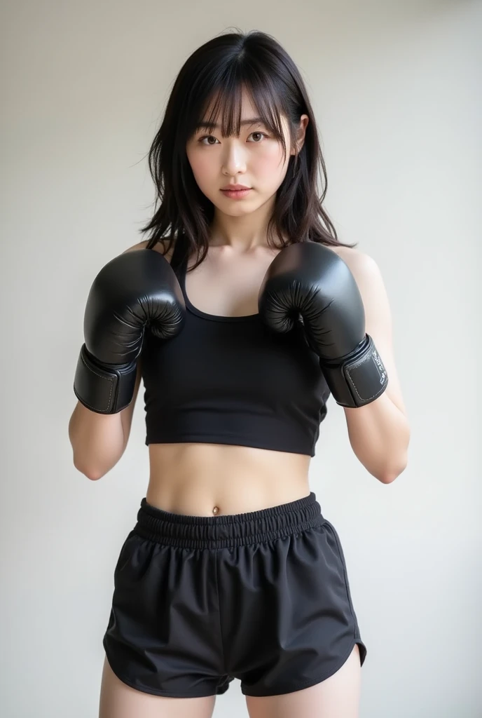 The image shows a young japanese woman standing in a boxing gym, ready for training. She is wearing a black sports bra and high-waisted black leggings, which reveal her toned midriff. Her hair is pulled back into a high ponytail, keeping it out of her face during the workout. She is wearing black boxing gloves or hand wraps and is posed in a fighting stance with her fists raised, indicating she is prepared to box.
The setting is a well-equipped boxing gym with punching bags visible in the background. 
The woman's expression is confident and focused, with a slight smile that suggests she is both serious about her training and enjoying it., <lora:flux_realism_lora:1>,  <lora:makinaflux_asahinaaya_v1.1:1>