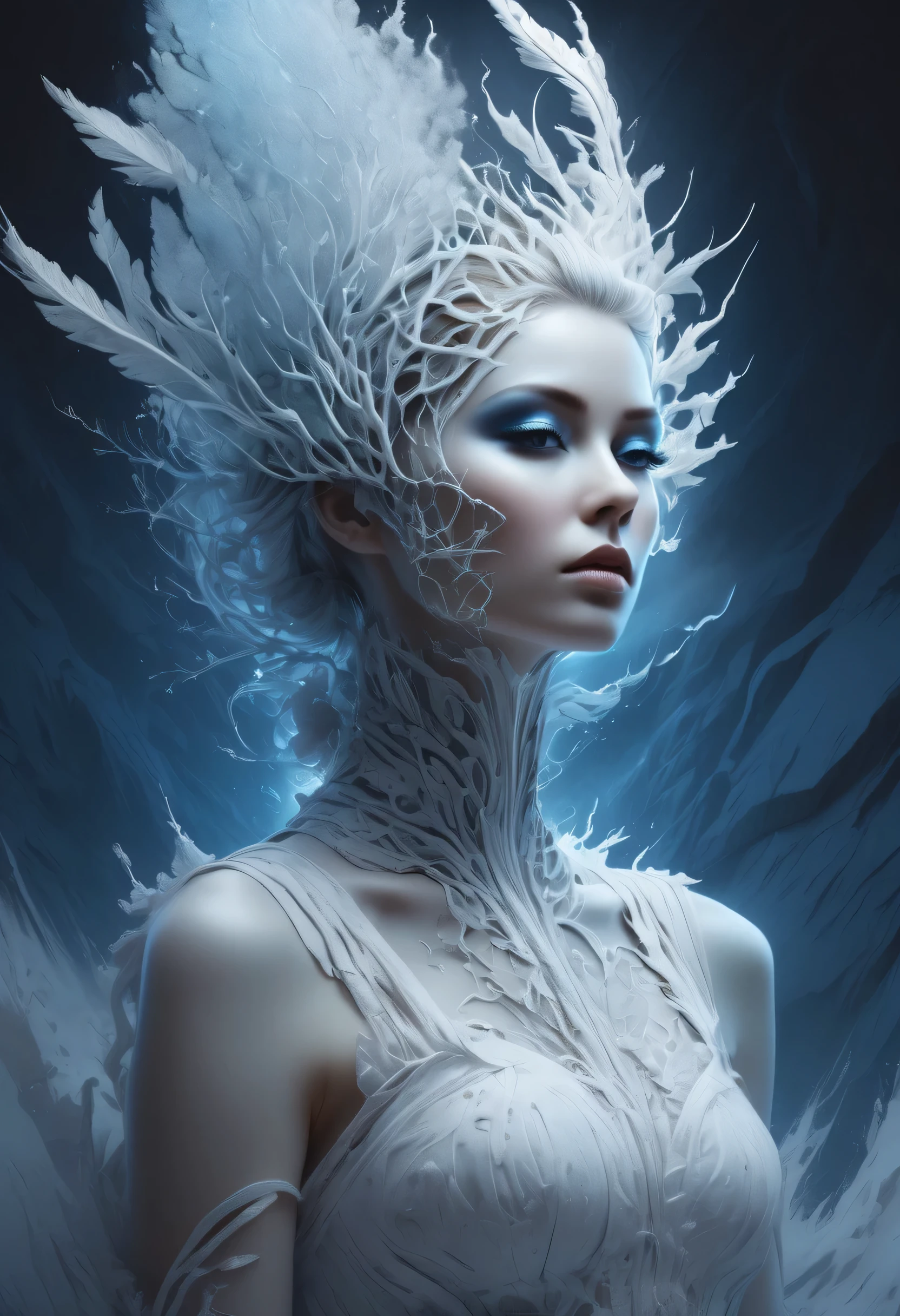 with roots on the face、Cracked bare skin、frostpunk fashion photography by Patrice Murciano by Eric Lacombe , White Glacier Blue , Minimalism, Smoke Eye Shadow , glowing white bulging biomorphic dot pattern, glacier landscape, Glacier Flower , snow, Volumetric Particle Dust , Powder Paint Pigment , misty ether haute couture rococo glacier clothing, Holga Medium Format Camera , Aetherial Lighting , backlight, In Style, professional ominous Concept Art, by artgerm and greg rutkowski, complicated, elegant, HIGHLY DETAILED DIGITAL PAINTING, Concept Art, Smooth, sharp focus, Illustration, In Style simon stalenhag, Wayne Barlow, and igor kieryluk.