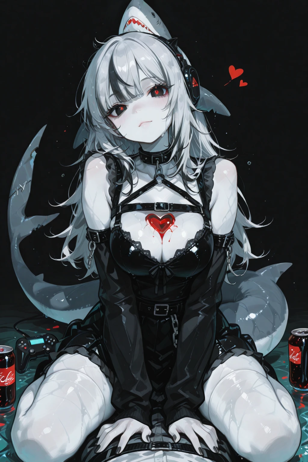 one-girl,With wolf ears,One eye is red,Wolf tail,Black and red hair color,Wearing a Gothic style dress,stocklings,young 17 years old,With a bomb in hand,The lead has popped Mars,full bodyesbian