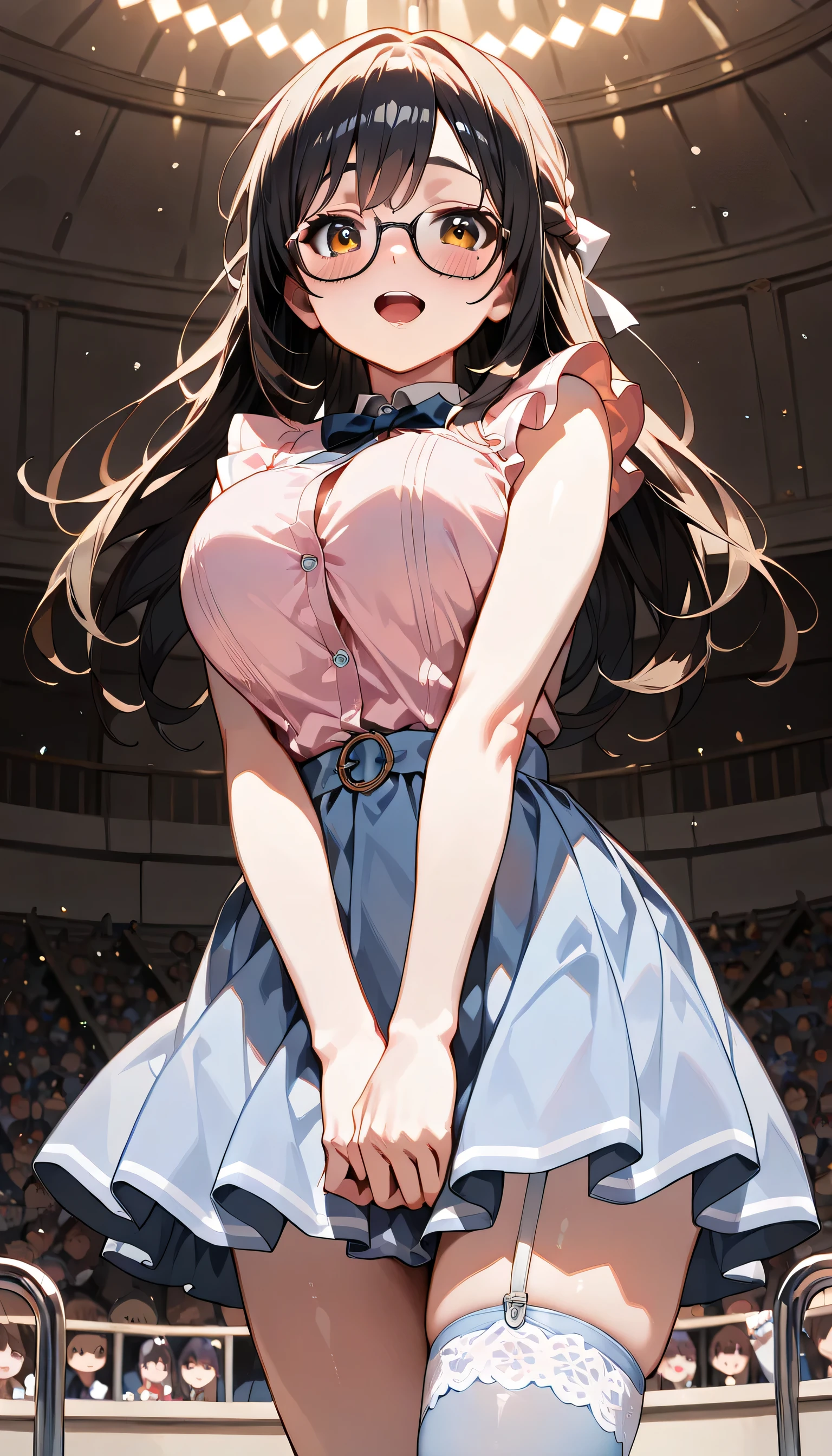 ((ultra-detailed)), (highly detailed CG illustration), (best quality:1.2), ultra-highly detailed, colorful composition, artistic photoshoot, 1girl, solo focus, upper body:1.2, cowboy shot, moe anime character, super popular super idol:1.3, girl, dainty facial structure, baby face, round face, rounded chin:1.2, ideal ratio body proportions, thick eyebrows, half updo, sagging eyes, long hair, black hair:1.3, brown eyes, (wearing glasses:1.3), (round eyewear:1.3), black hair color:1.3, half updo, ample breasts, thighhighs, skirt, Pink nails, frills, clothing, cutout, fishnets, light blue skirt, light blue thighhighs, fishnet thighhighs, cleavage cutout, jirai kei, Pink footwear, nail art, white collar, single thighhigh, shoes, asymmetrical legwear, pink shirt, open mouth, smile1.3, (take a mike:1.4), on idol stage, singing in the live venue:1.4, enthusiastic audience, shoot from below, best quality, masterpiece, expecting, pink cheek, blush, light pink gloss slip, portrait, depth of field, shining lighting, sidelighting, shine, lighting, caustics, ray tracing, perfect face, lustrous skin, highly detailed face, highly detailed eyes, perfect face, perfect nose, perfect hair, perfect eyes, perfect anatomy, beautiful hair, beautiful small face, extremely detailed face, beautiful detailed eyes, beautiful clavicle, beautiful body, beautiful huge breasts, leavage, breasts squeezed together, equalize the size of the left and right breasts, beautiful thin thighs, beautiful legs, beautiful fingers, 4 fingers, 1 thumb, lovely, (very detailed background:1.0), (highly detailed background:1.0), intricate details, enthusiastic atmosphere, colorful and sparkling colors palette, chromatic aberration