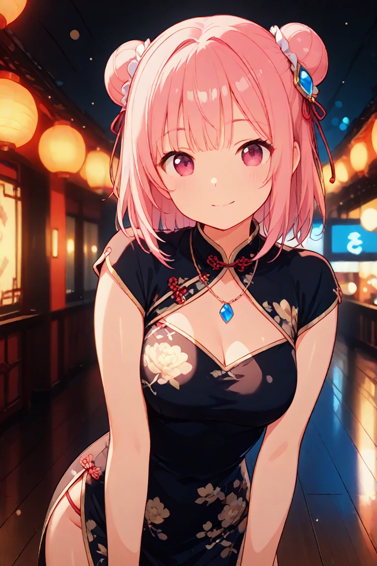(1 girl),(Best Picture Quality, 8K, Masterpiece:1.3), (high school student:1.5), ((pink lob hair:1.1)), (bob cut),(swept bangs), (cute eyes, pupil black, iris skyblue, youthful face), (mole under right eye), (standard weight), (small breasts), (glistening skin:1.1),(pale skin:1.2),((pink chinesedress)),(flustered),(sweat),((fog skin:1.1)),(Beijing:1.2),Chinese restaurant.