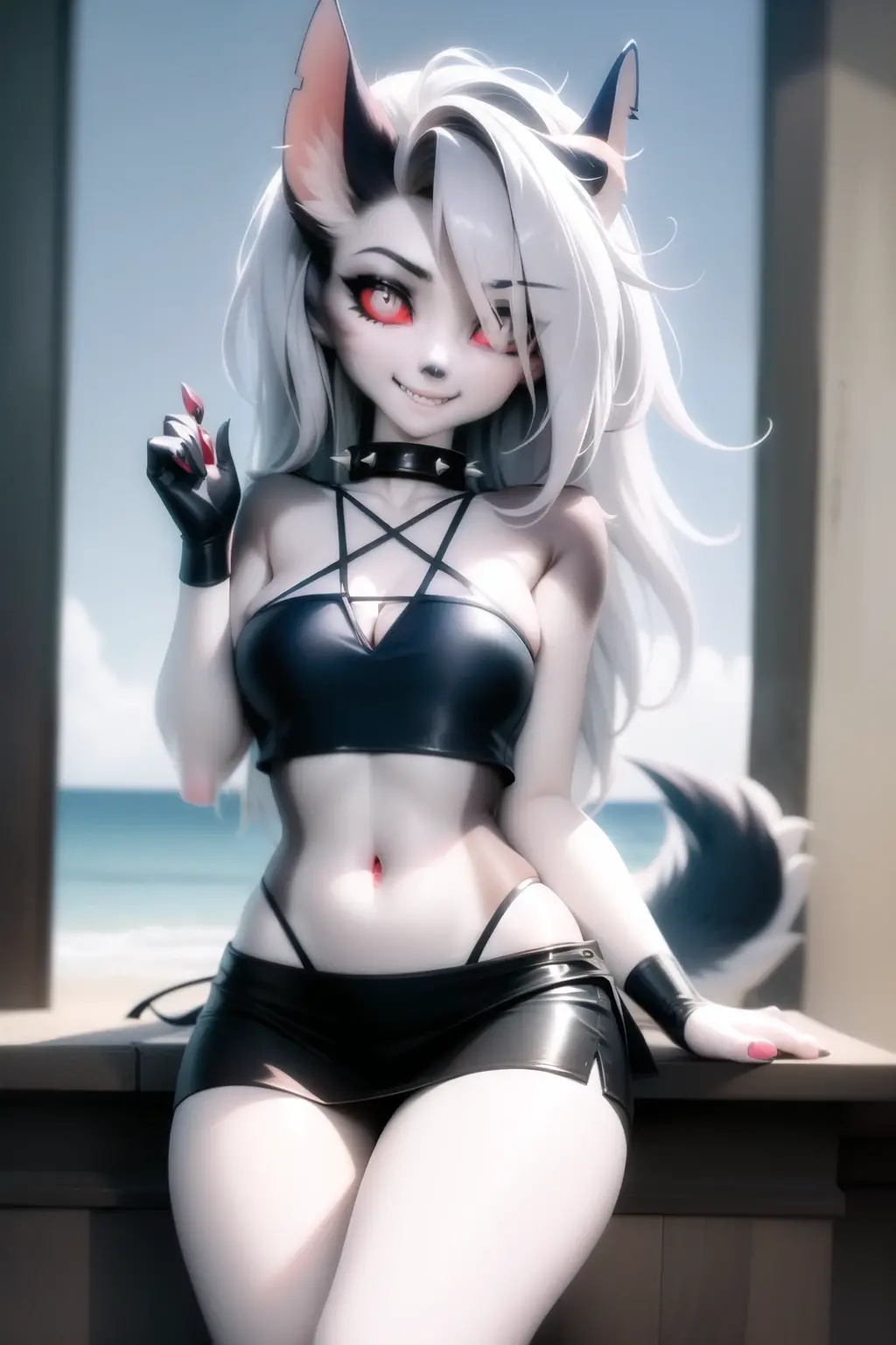 masterpiece, best quality, loona hellhound, loonacroptop, loonashorts, detailed face, detailed eyes, (slit pupils, white eyes), red sclera, happy, [smile, [spiked collar]], pentagram, fingerless gloves, shorts, digitigrade, standing, street, sunny rays legs opened showing underwear 