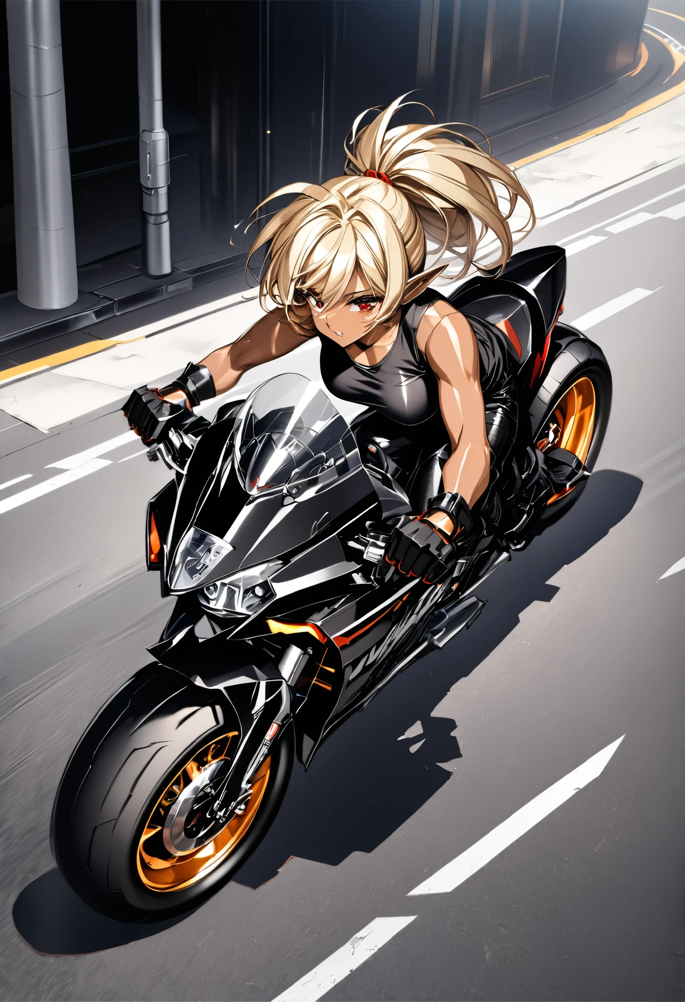 ( top quality、 beautiful , Detailed Images、 Official image )、(midnight highway )、(long blond hair、 red eyes、 ponytail hair、 model body type、 Big breasts 、 Pointed Ears、 Brown Skin、 Black Skin )、(black leather long coat、 Tank Top Shirt 、black leather pants、 The black thumb guard gloves are moving、Black rider boots)、(On-road bike、Dragster)、(riding a bicycle、 car)、(high angle view)
