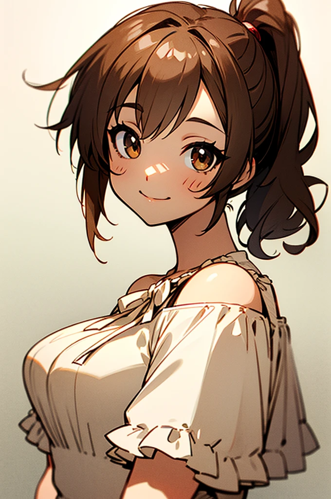 One girl, Brown Hair, Medium Hair, Textured skin, chest, Open your mouth, Bright Eyes, happiness/joy, Simple Background, Headphones worn behind the head, Anime Bangs, Minimalist, Dress up、Hair that hides one eye, Inner Color,