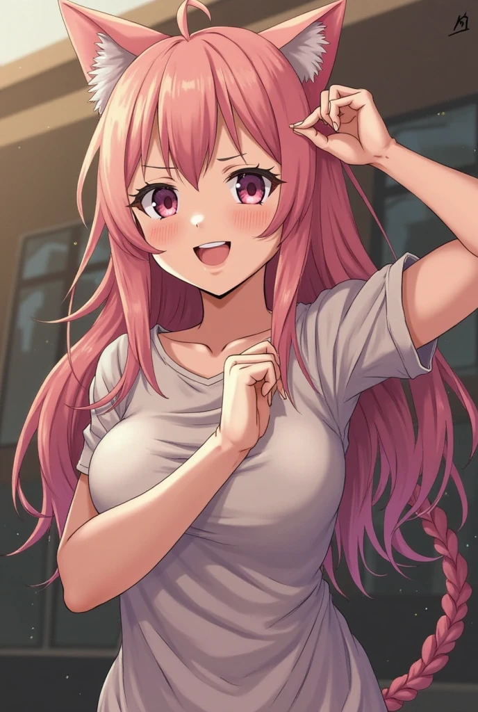 ((best quality)), ((masterpiece)), (detailed), perfect face. Asian girl. Pink hair. Green eyes. Topless. Small breast. Smile. Armpit.