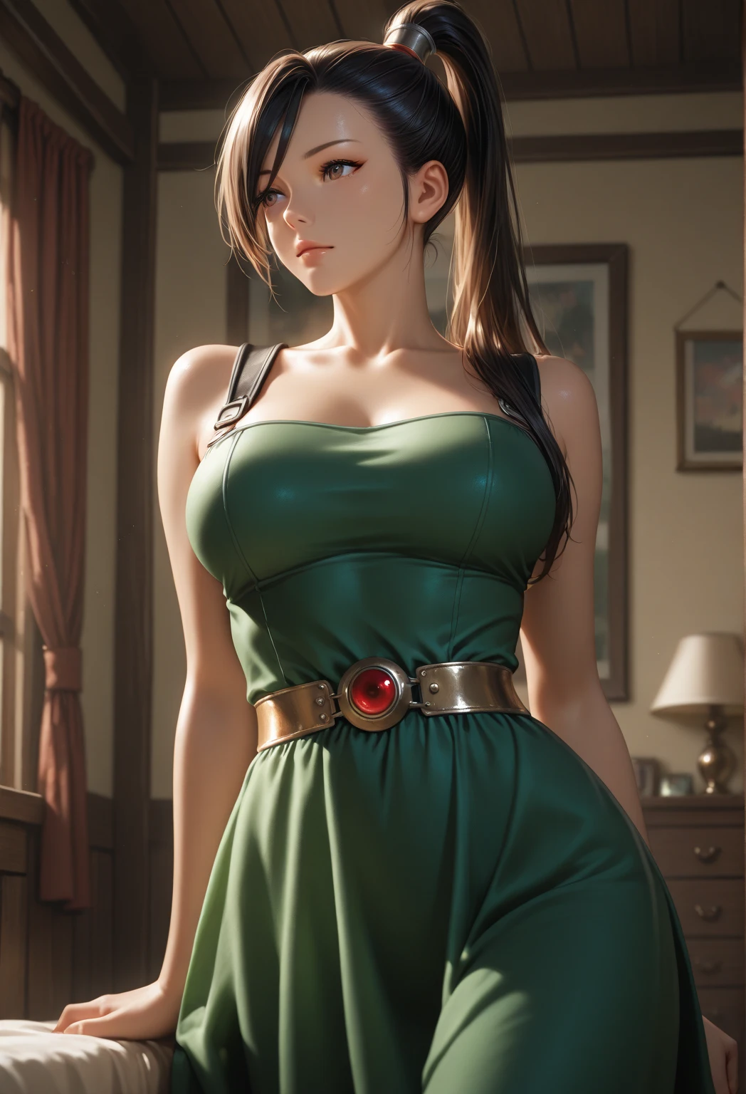 masterpiece, Highest quality, DQ Bianca, Single Blade, Earrings, choker, Black Hair, Orange Cape, Green Dress, belt, View your viewers, Large Breasts, Upper Body, From the side, Frowning, fist, Mouth closed