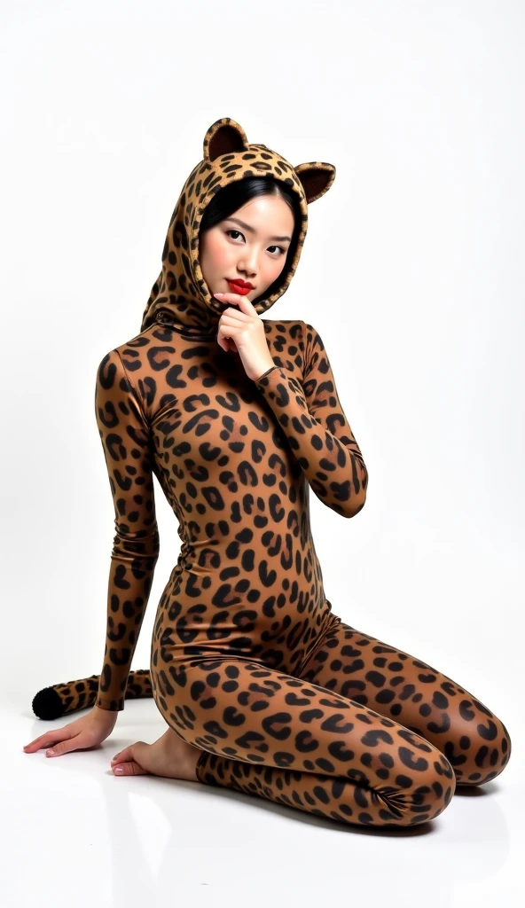 (best quality, highres, ultra-detailed, realistic:1.37), (photography, portraits), (colorful, vibrant), (dramatic lighting) (Medium: photo-realistic painting) Milana Aleksandrovna Vayntrub, age 25, dressed in a sexy little monkey costume, beautifully detailed with flowing fur and playful expression. Her eyes sparkle mischievously and her lips pout teasingly. The costume perfectly fits her slender figure as she dances around, acting foolish and entertaining the audience. The monkey costume is made of soft, shiny fabric with intricate details, highlighting its realism. The fabric shimmers in various tones of brown and gold, capturing the light in a lively manner. Milana's movements are graceful and energetic, evoking a sense of joy and laughter. Her body language radiates confidence and charisma. Her mesmerizing performance attracts the attention of a handsome man nearby. The handsome man, dressed in stylish attire, is captivated by Milana's charm. He approaches her with a flirty smile, his gaze locked on her. His sharp features and well-groomed appearance enhance his attractiveness. As they interact, the tension between them builds, creating a sense of anticipation and excitement. The downtown surroundings add a touch of urban sophistication, with modern buildings towering in the background and vibrant city lights illuminating the scene. The atmosphere is filled with vibrant energy and the hustle and bustle of city life. The lighting accentuates the emotions and creates a dramatic ambiance. Soft, warm light bathes their faces, highlighting their features and adding depth to their expressions. Shadows play across the scene, adding a touch of mystery and intrigue. The colors in the image are rich and dynamic, with a careful balance between warm and cool tones. The overall effect is visually stunning, drawing the viewer into the captivating moment shared by Milana and the handsome man. This prompt will generate a high-quality, ultra-detailed, and realistic image depicti