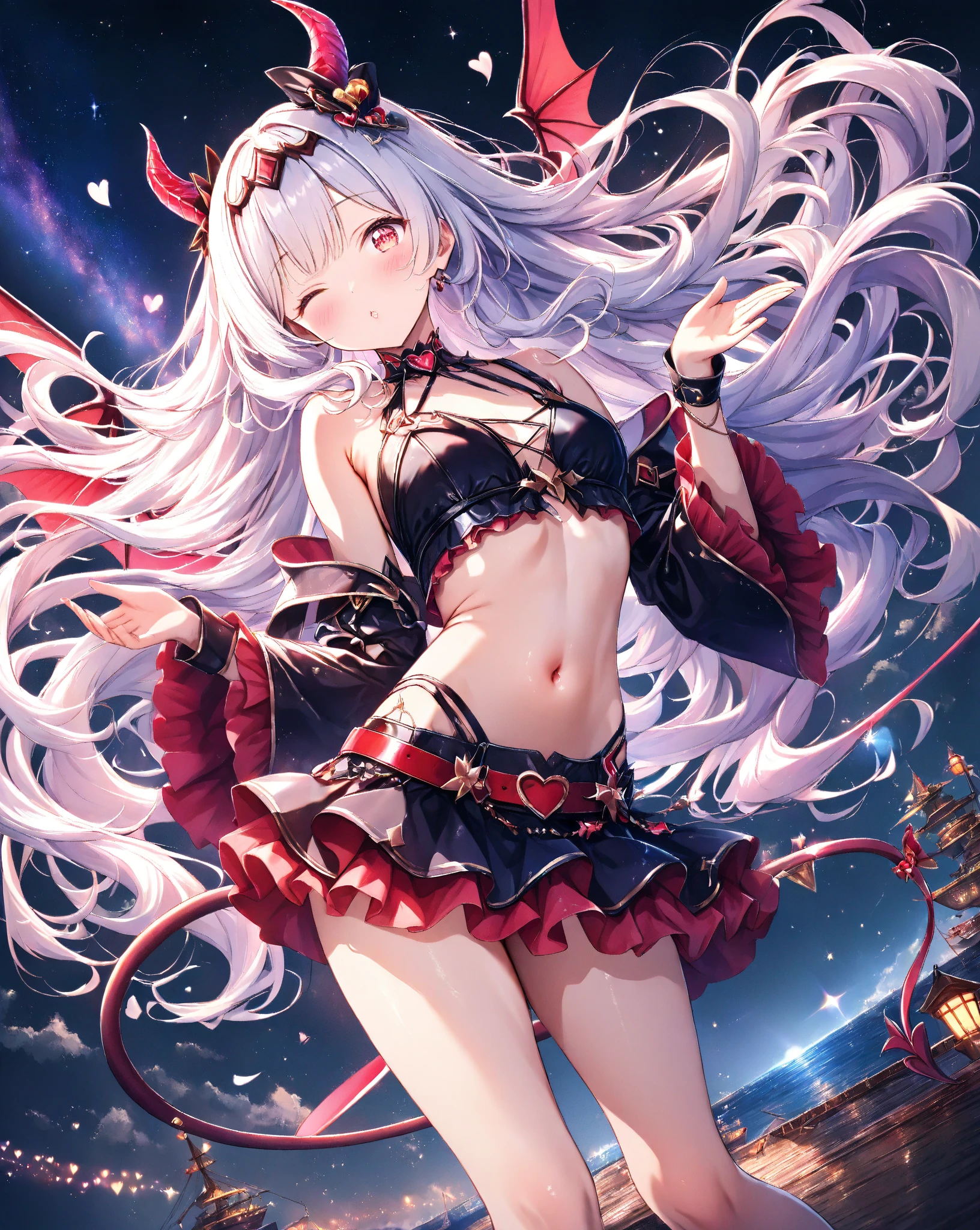 Highest quality、Highest quality、Masterpiece、girl((20-year-old、as soon as、Highest Bust、Medium Bust、Wide open chest、Red glowing eyes、Black Ear、Red Mesh、Disheveled Hair、Loincloth、thin、The best valley、Open chest、hair ornaments、Full body view、Completely naked、Random Pause、smile、Headphones embarrassed face))、high quality、Beautiful Art、background((Collapsing Ground、no gravity、Floating Object、shooting star、universe、comet))、Depth((Earth))、flight、Flying Debris、Depth of text、movie、Visual Arts、Perfect Art、8K、Genuine、Special Angles