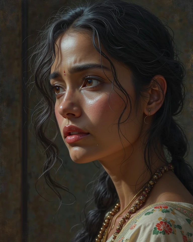 High Quality illustration,ultra detailed, Beautiful picture of A painting of a girl indian beauty, Fog, cinematic shot, haze lighting, 16k, uhd, blurry masterpiece,cinematic, epic,  watercolor, ink