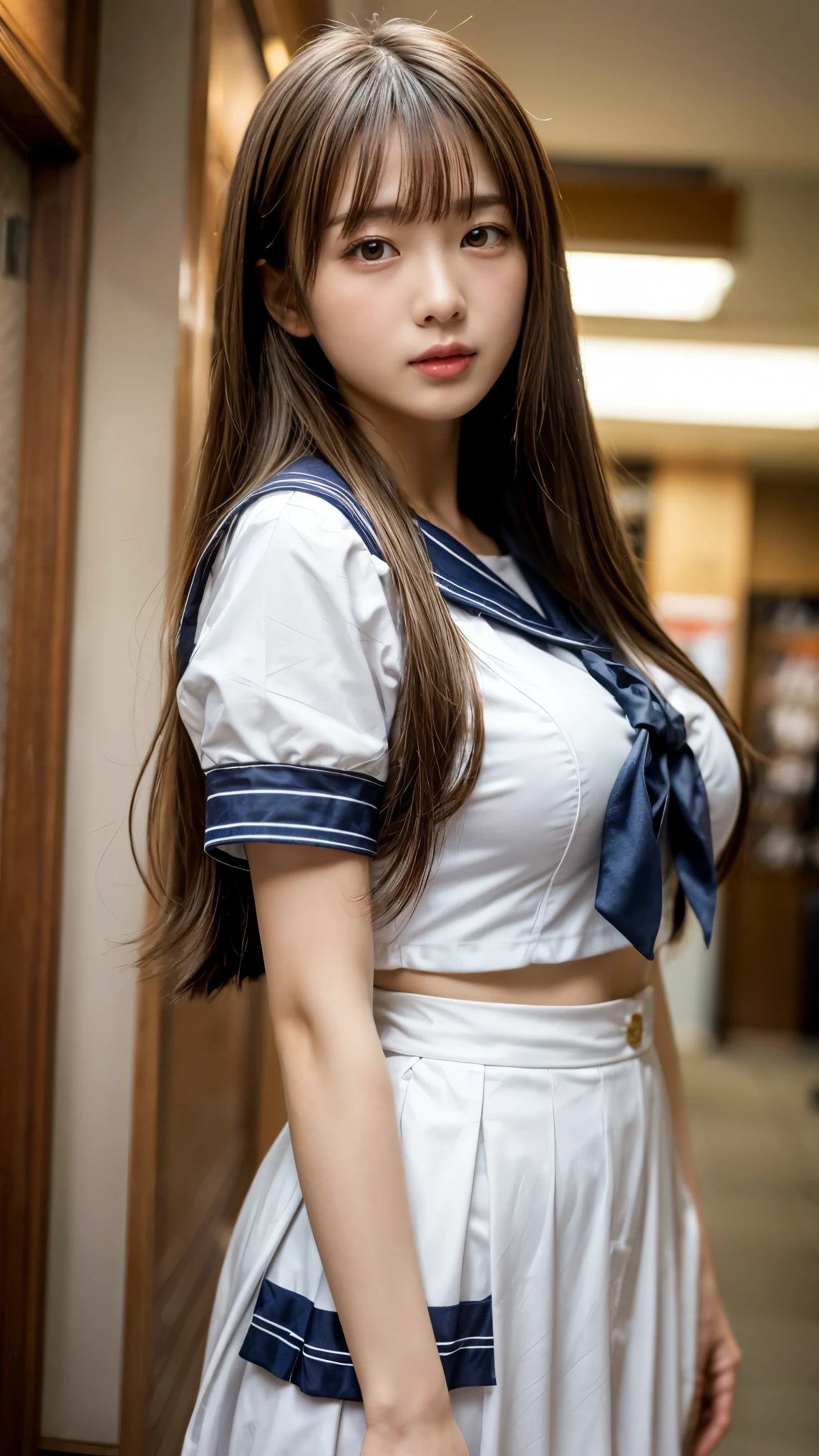 ((masterpiece:1.2、highest quality、Tmasterpiece))、1 female、alone、classroom、Day、(Korean Idols:1.2)、(Are standing:1.4)、blonde、(amount:1.4)、Wavy Hair、Medium Hair、((Hair on one eye:1.5))、Beautiful legs、break、(Sailor suit:1.4)、(Day焼けした肌:1.4)、(Big Breasts:1.5)、(Black Stockings)、Hoop Earrings、lipstick、Pleated mini skirt、Ring Choker、blush、smile、Covered breasts、(Thick lips:1.2)、Detailed body、Ultra-detailed絵画, Luminism、4K resolution、3D Rendering、Exquisitely crafted , Cinematic、Realistic、Hit definition、Abstract Beauty、Approaching perfection, Pure Form, Golden Ratio、Ultra-detailed, Digital photography, Soft natural light, 50mm lens, F1.8 apertures、blush、Small face、Small waist
