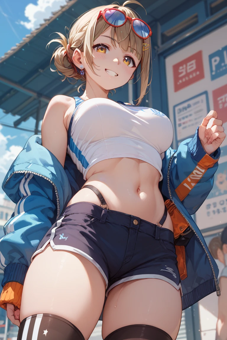 (topless), nsfw, masterpiece, 1 girl, erect nipples, nipples, navel, necklace, denim shorts, smiling, bare breasts, bare stomach, sweaty, cowboy shot, small breasts, puffy nipples, hair ribbon, texts, bare arms, hands on waist, elbows, happy, outdoors, audiences, crowd, stadium, track field