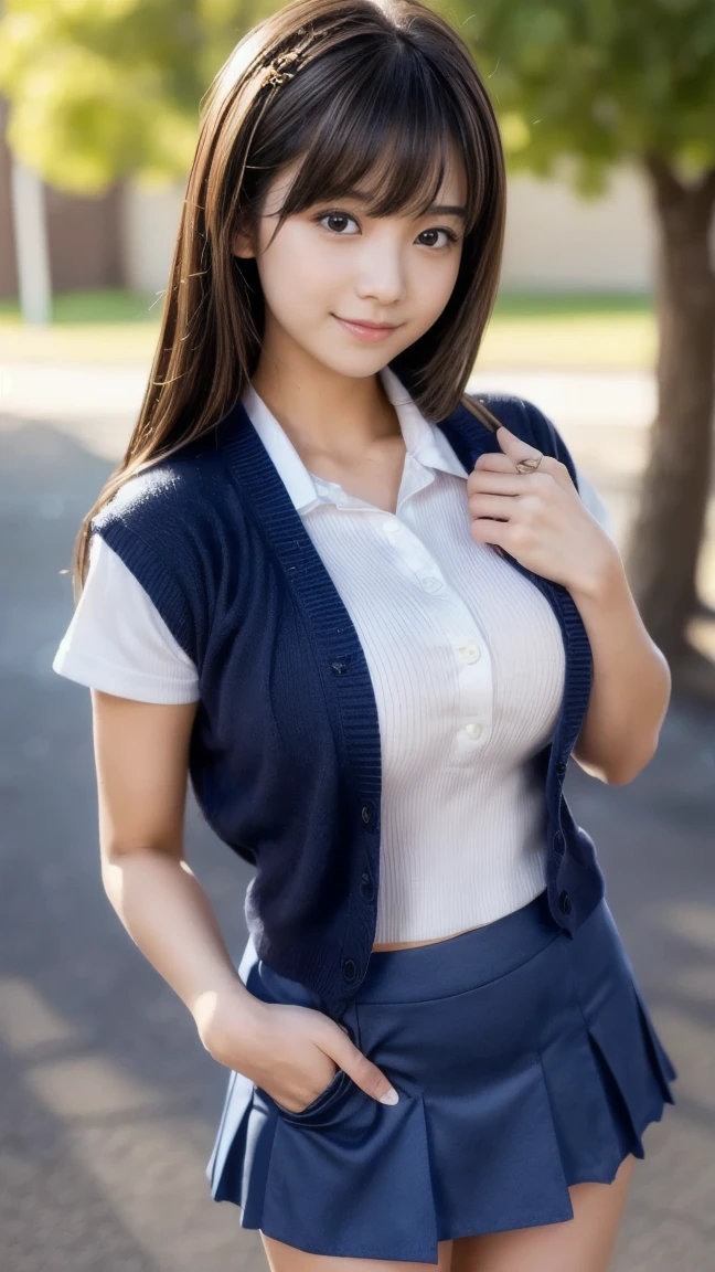 (smile)、Cute Girl、fun、(((smile)))、high school girl、((Schoolgirl uniform))、(The eyes are light brown)、(((Droopy eyes))),Ultra-realistic、photograph、(((Pedestrian precinct)))、Short skirt、 The face is very beautiful、Clear eyes、(((Eyes with big eyes)))、Pedestrian precinct、intersection、Japanese girls' high 、 bench、Dark blue pretz skirt、Large bust、((Sexy young woman's body:1.4))、