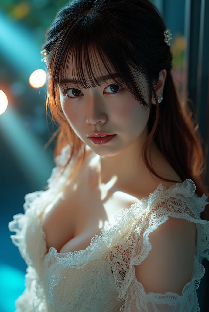 A very cute face like an idol、Looks like a young face、Only one 20-year-old woman、Gentle and cute、Cleavage、Beautiful starry night、((The only light is from the moon))、(((Cinema Lighting)))、(Dark Light)、RAW Photos、Genuine、((Quality indistinguishable from real life))、(Artistic Expression)、Real Stick、High resolution、masterpiece