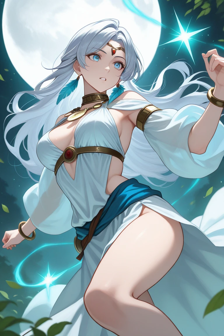 (high-quality, breathtaking),(expressive eyes, perfect face) 1girl, female, solo, young adult , light blue hair, green coloured eyes, stylised hairstyle, gentle smile, long length hair, loose hair, side bangs, curley hair, really spiky hair, spiked up hair, stylized hair, tied up, looking at viewer, portrait, ancient greek clothes, blue tunic, white Chlamys, sleeveless, greek, blue and gold sash, ocean background, laurel in hair, C cup size breasts