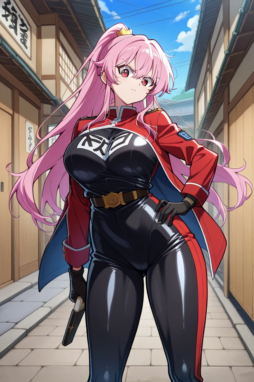 ultra-detailed, Explicit, Beautiful body, Beautiful Nose, Beautiful character design, perfect eyes, perfect face, ultra highres, 4K, beautiful legs, perfect legs, Nice hands, Perfect hand, Masterpiece, Best Quality, Highly detailed, illustration, absurdres, street fighter, doll suit, shadaloo doll, dollsuit, girls, multiple girls, expressionless, blank eyes, looking at viewer, red gloves, emotionless, black latex, corrution, mind control, female combatant, full body, hypnotized, unhappy trance, full body suit, ribbed bodysuit, both arms at side, stand up straight, obey, perfect female body, extremely glossy latex, hypnosis, hypnoLora, empty eyes, Mind control device, poses, submissive_pose, Slave, hat, necktie, stand up straight, standing, standing at attention, hat, necktie, belt, extending the right arm from the shoulder into the air with a straightened hand, nazi saluting, military, military saluting, salute, right hand saluting, left hand at side, latex, ribbed bodysuit, wide hip, thicc, a curvy body, Heaven burn red, pink hair, long hair, kunimi tama 