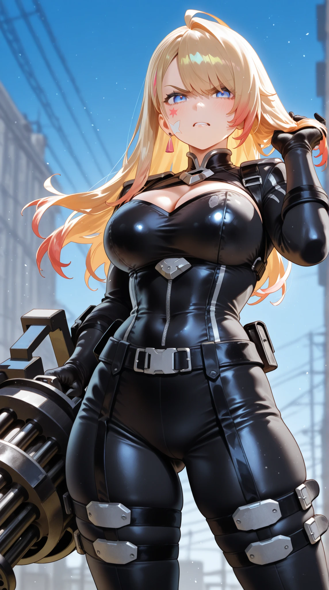 masterpiece、top-quality、hight resolution、profetional lighting、anime styled、Details of the face and clothes、Single-color background 、1womanl、Upper body shot from the front、((Beautiful female combatant with goggles on her head standing facing the front))、(Mature face and body)、Turn your face and look straight ahead、(Breasts are big、Wearing only a black combat bodysuit that covers the whole body、Bodysuits that are tight to the body、Black leather gloves :1.1)、(Eyes are blue、a blond、high ponytail with shabby hair :1.2)、cheely smile