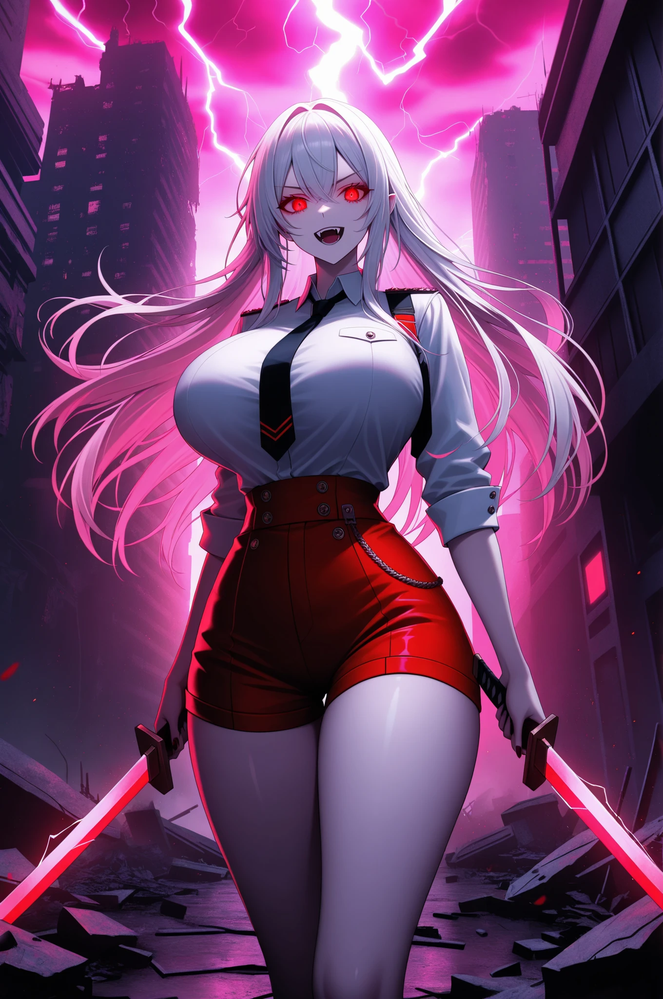 long white hair, vampire, glowing red eyes, uniform, white shirt, tie, red shorts, holding sword, 1girl, solo, vampire fangs, huge breasts, ruined futuristic city, dystopia, lightning storm, pink lighting, volumetric lighting, cinematic lighting, masterpiece, best quality, amazing quality, very aesthetic, absurdres, newest,
