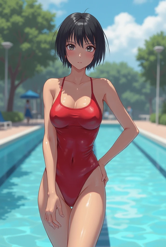 (masterpiece, highest quality, super detailed), (sumika), 1girl, (slim:1.7), short hair, black hair, (big breasts:1.2), raised, Wet , Sweat, beautiful face, (Big eyes:1.5), cute, fog, at pool, (full body:1.5), (see-through:1.4), white old school swimsuit, covered nipples, standing,