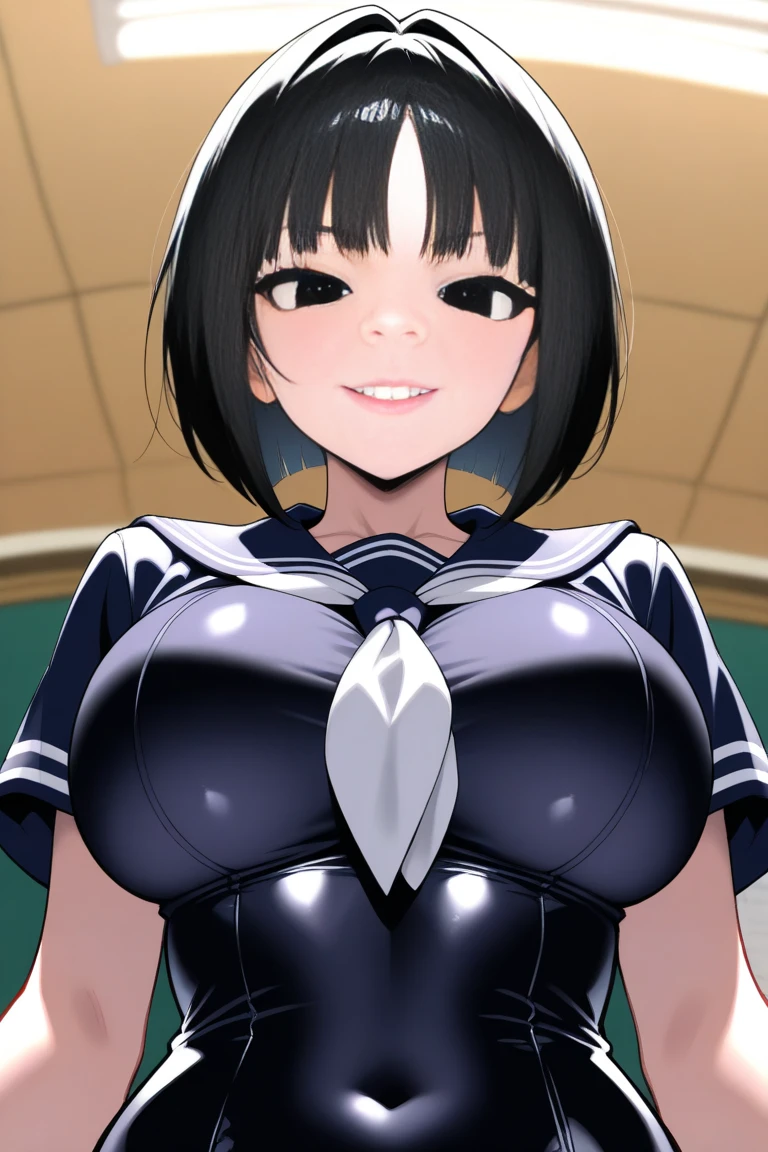 ((Tabletop, Highest quality, High resolution, Pixel Perfect, 4K, Browsing Caution)))、1 Girl, Beautiful woman、(((Muscular)))、((Bobcut、Blunt Bangs、Black Hair)), ((Yellow Eyes、Both eyes closed、Beautiful eyelashes, Realistic eyes)), ((Detailed face, blush:1.2)), ((Smooth texture:0.75, Realistic texture:0.65, Realistic:1.1, Anime CG Style))、Big nipples、((Huge breasts、Swollen nipples、Thick thighs)), Perfect body、Daytime Town、((((:d、blush))))、((Sweat、Steam from armpits))、(Right hand salute、Left hand on waist)、(Blue Jacket、Navy Blue Leotard)、Police Hat