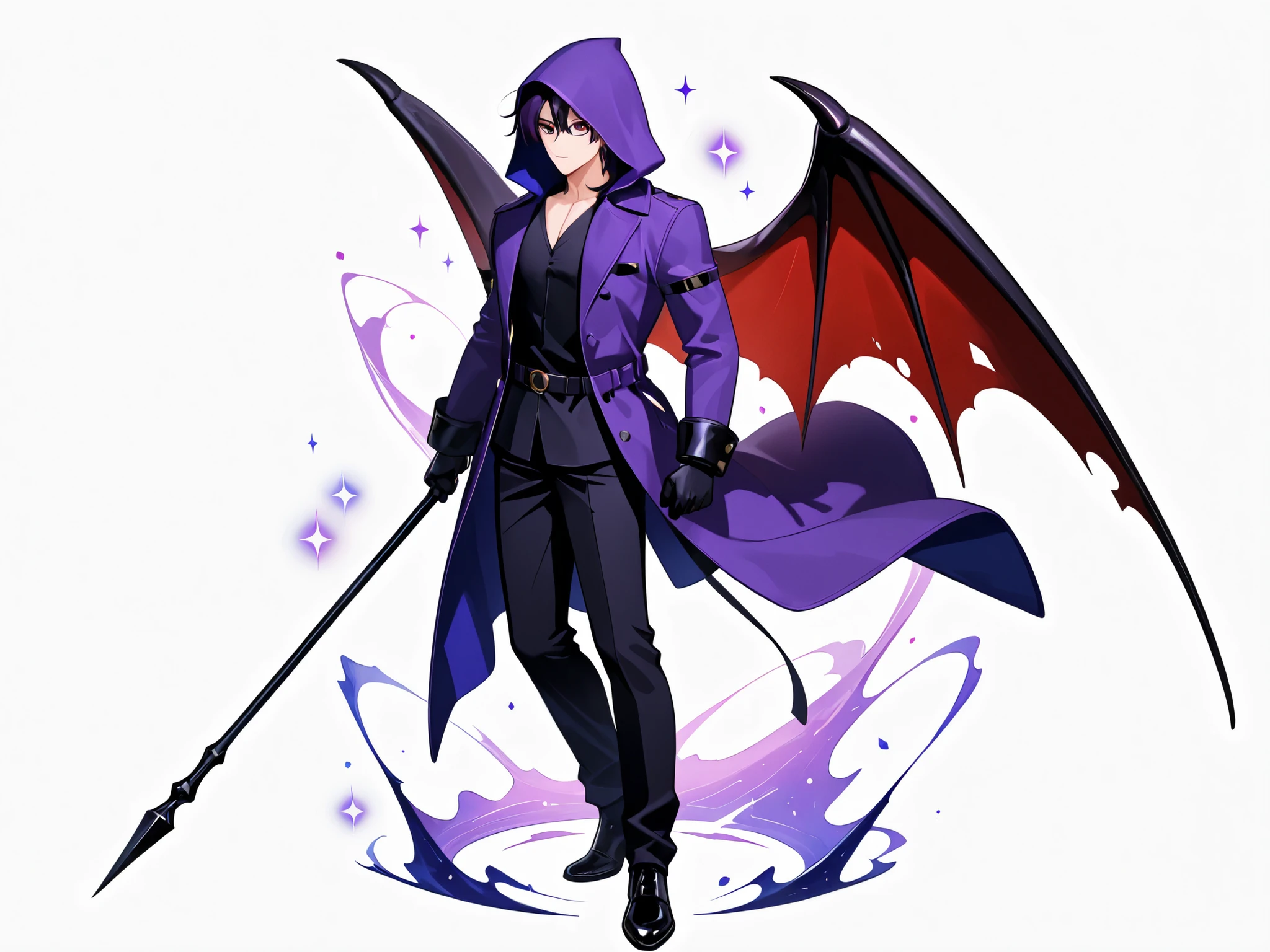 Masterpiece, 8k, a young man with spiky midnight blue hair and striking silver eyes. He wears a maroon trench coat with intricate phoenix embroidery, black jeans, and combat boots. The backdrop is a futuristic cityscape with holographic advertisements and a neon glow. Standing on path
