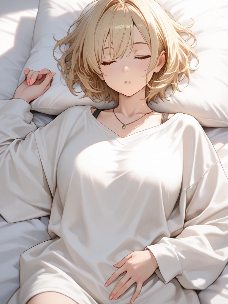 a beautiful blonde haired girl sleeping in a bed, wearing a white shirt with the sleeves rolled up, tie loosened, torn clothes, slender figure, beautiful collarbone