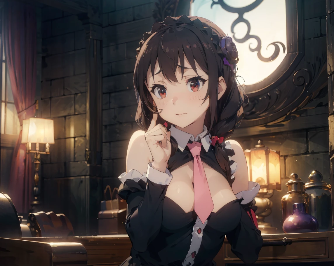 best picture quality, 8K, high quality, masterpiece:1.2), ((masterpiece)), (high detail, high quality, best picture quality), bokeh, DOF, Portrait, open stance, (cute illustration:1.2), (small size breast), nsfw, sexy, detailed eyes, perfectly balanced anatomy, (yunyun), palace, sunny days, standing, beautiful light, (dark navy gorgeous gothic maid dress:1.2), (sleeveless, detached sleeve, open chest:1.2), arms behind head, (armpits:1.2), embarrassed,
