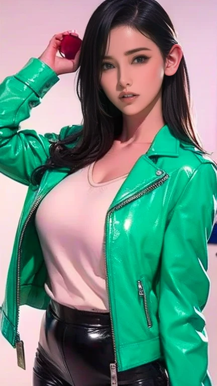 （A high resolution，high lighting，4K），Long face，1girll，the face，详细的the face，trpical garden，short detailed hair，She has a butterfly on her head，close-up face，The sun at noon，huge tit)，looking at viewert，Close range - intensity，Black latex clothes，Keep one's mouth shut realistic photos of 1 cute Korean star, short ponytail, white skin, thin makeup, 32 inch breasts size, wearing green leather suit, necklace, in the playground, night, upper body portrait, uhd