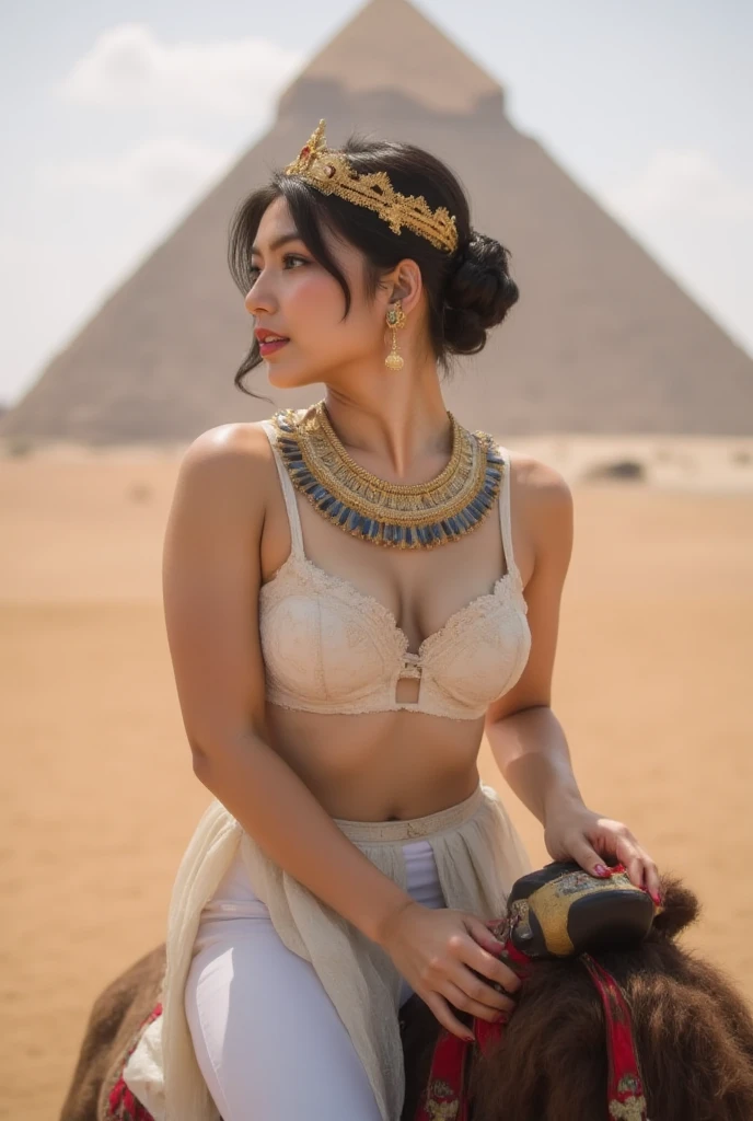 girl in front of giza pyramid, BREAK, 1girl, detailed face, cleavage, super details intricate embroidery, pakistani traditional wedding dress, veil, wedding jewelry, decorated necklace, cluster wedding statement earring, long eyelashes, full breasts, (gigantic breasts:1.2), natural light, brown hair, blue eyes, sad and serious expression, pyramid in background, 