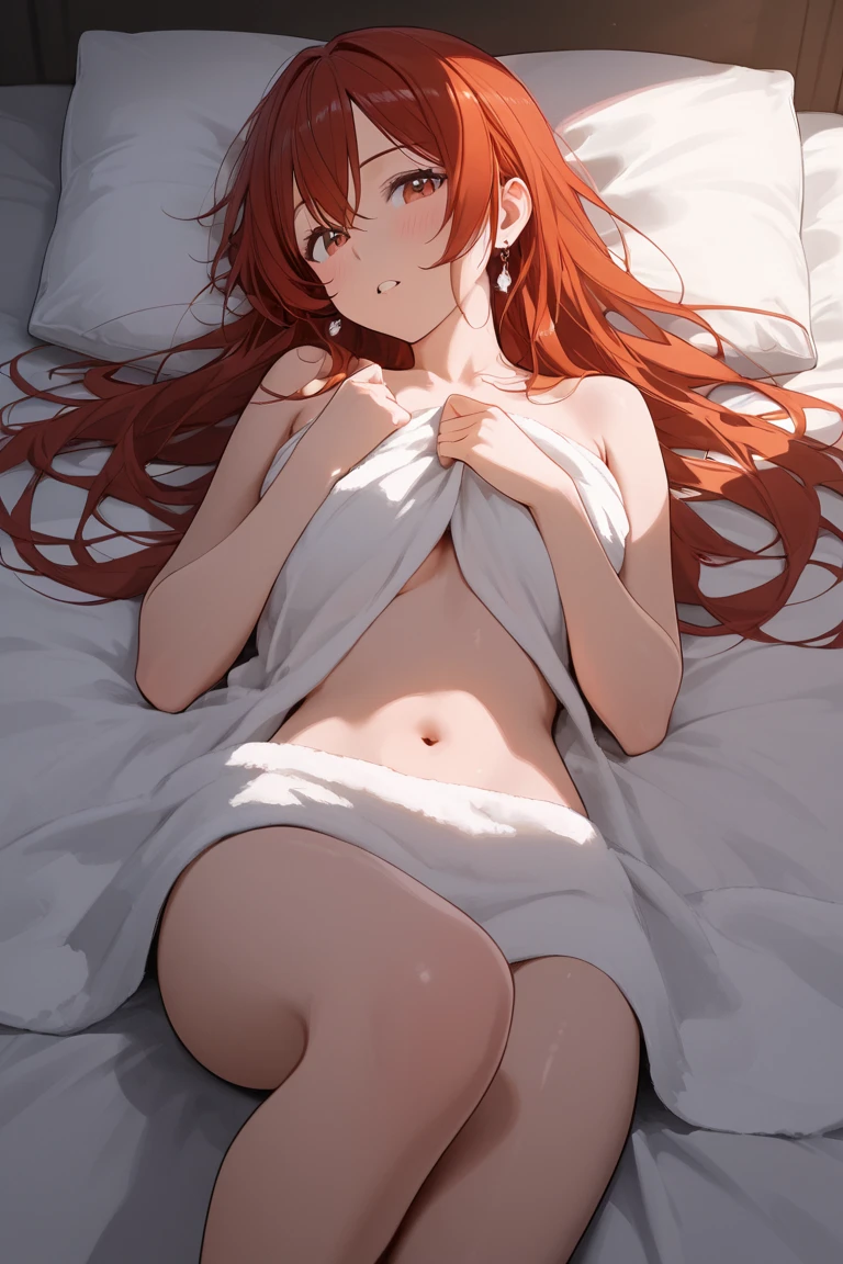 ((masterpiece、Highest quality:1.3,absurderes)),nsfw,25 year old beauty,solo,((very small head)),red hair,long hair,bangs,red eyes,gorgeous eyes,shy,medium breasts,((very long body)),((toned body,slender body,)),skinny,gleaming skin,shiny skin,naked,nipples,navel,vagina,barefoot,sitting,A dimly lit, simple bedroom、Simple bed、Tokyo、